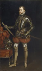 Portrait de Philippe II 1527-1598 en armure de la bataille de Saint-Quentin, début du XVIIe siècle