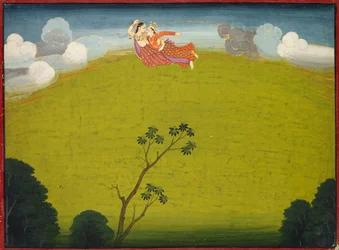 Pradyumna et Mayavati volent vers Dvaraka, du Grand Basohli Bhagavata Purana, vers 1760-1765
