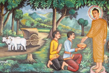 Monastère Preah Prom RathVie du BouddhaSiddhartha Gautama a reçu de la nourriture donnée par deux brahmanes, Siem Reap, Cambodge