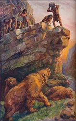 Hommes préhistoriques attaquant de grands ours des cavernes, 1907