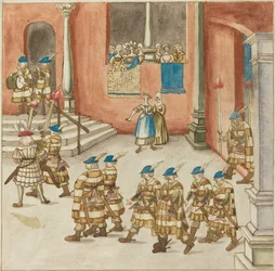 Procession de chevaliers vue par des dames sur un balcon