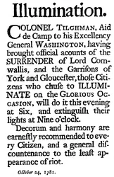 Proclamation des illuminations commémorant la reddition du général Cornwallis, 1781