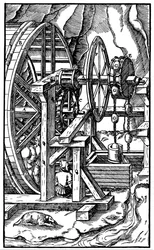 Pompe actionnée par des hommes dans une roue de moulin