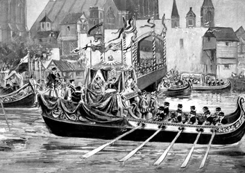 Procession fluviale du couronnement de la reine Élisabeth, Londres, 1558, vers 1905