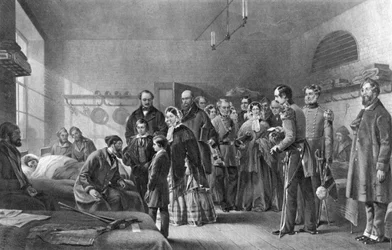 La reine Victoria visitant des soldats blessés