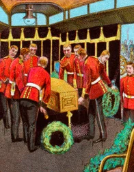 Le cercueil de la reine Victoria à bord du train royal en route pour ses funérailles depuis la gare de Gosport