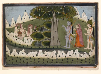Rama, Sita et Laksmana dans un paysage avec des ascètes