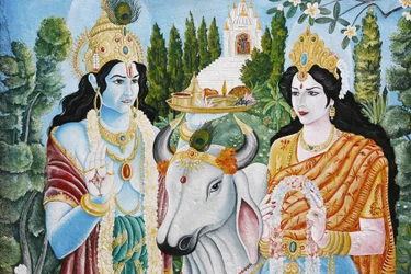 Rama, Sita et la vache sacrée. Rama est la 7e réincarnation de Vishnou. Pashupatinath, Katmandou, Népal