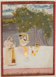 Rana Sangram Singh adorant un Linga sous un banyan, vers 1712-15