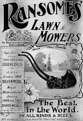Publicité pour les tondeuses à gazon Ransomes, 1908
