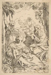 Repos en Égypte, Sainte Famille assise tandis qu