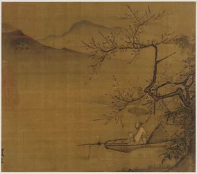 Paysage fluvial : un homme lisant dans un bateau amarré sous un arbre en fleurs, dynastie Ming, 1368-1644.