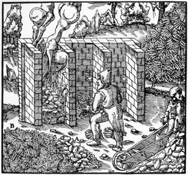Rôtissage du minerai de cuivre dans un fourneau, vers 1556