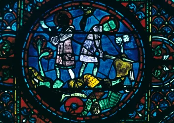 Roland brise son épée et sonne son cor, vitrail, cathédrale de Chartres, France