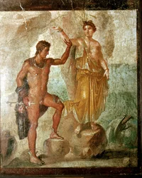 Peinture murale romaine de Persée libérant Andromède, Maison des Dioscures, Pompéi, Italie