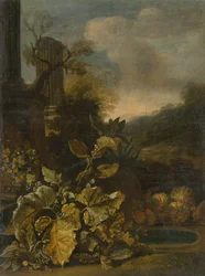 Paysage romantique avec nature morte et colonne antique