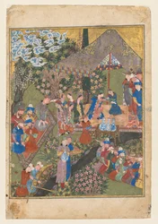 Festin royal dans un jardin, verso du folio droit de la double page frontispice..., vers 1440