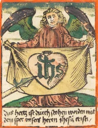 Monogramme sacré dans un cœur sacré sur un tissu tenu par un ange, vers 1480