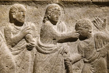 Abbaye Saint-Victor, Marseille. Détail du sarcophage : Jésus guérissant un aveugle. France