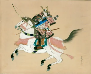 Guerrier samouraï à cheval. Une peinture japonaise sur soie, dans un style japonais traditionnel