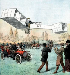 Santos-Dumont effectuant le premier vol en avion motorisé en Europe, Paris, 1906