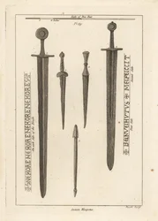 Armes saxonnes : ancienne épée en fer 1,2, et poignards et dagues 3,4 trouvés dans la rivière Wytham, Lincolnshire, et un carreau d