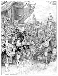 Scène de la pantomime Les Quarante Voleurs au Dury Lane Theatre, Londres, 1887