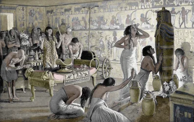 Scène de deuil au temple funéraire de Toutankhamon, Égypte