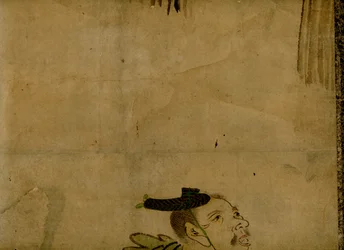 Peinture montée sur rouleau représentant une équipe de comédie japonaise traditionnelle de 2 hommes connue sous le nom de manzai