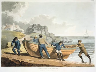 Marins tirant un canot clinker-built sur le rivage
