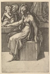 Femme assise avec deux enfants