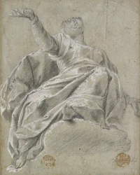 Figure féminine assise sur un nuage, regardant vers le haut