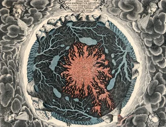 Vue en coupe de la Terre, montrant le feu central et les canaux souterrains reliés aux océans, 1665