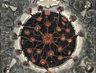 Vue en coupe de la Terre, montrant le feu central et les volcans, 1665