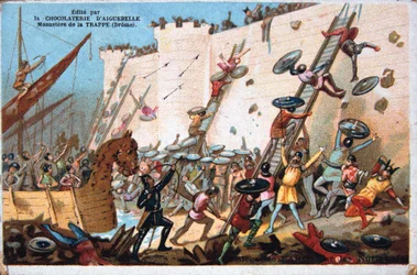Siège de Paris par les Normands, 19e siècle. Lithographie en couleur. Collection privée