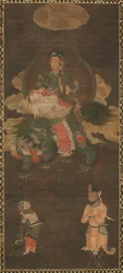 Triade de Shakyamuni : Bouddha assisté de Manjushri et Samantabhadra Bodhisattva avec Lion, fin des années 1300