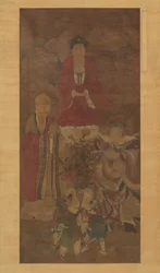 Shakyamuni avec luohan, roi céleste et garçons, début du 17e siècle