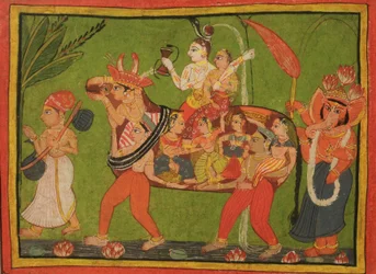 Shiva et Parvati sur une vache composite faite de femmes assemblées