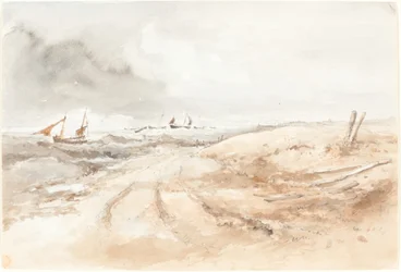 Scène de rivage avec des bateaux dans une eau agitée