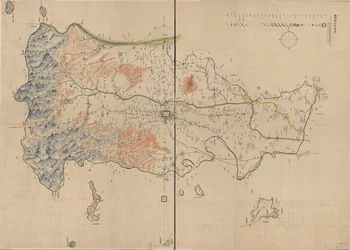 Montagnes, rivières, villes, villages, marchés, temples et routes dans le comté d