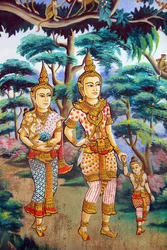 Siddhartha Gautama, son épouse Yashodhara et son fils Rahula. Peinture représentant l