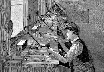 Soudure de pièces de vélo dans une usine américaine, c1900