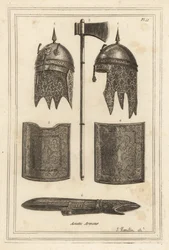 Casque de Souja Dowla avec capuche en cotte de mailles, hache de bataille, plastron et dosseret, et armure de bras
