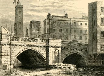 Extrémité sud du vieux pont de Londres, avec la tour de tir et l