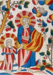 Saint Joseph et Jésus, son fils, marchant main dans la main