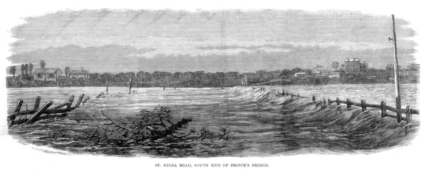 St Kilda Road, côté sud du pont Princes - Inondations à Melbourne, Australie, 1864