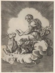 Saint Luc, assis sur un nuage avec un livre ouvert dans les mains, un taureau couché à ses pieds