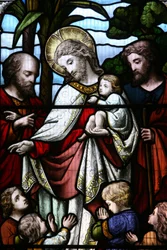 Vitrail représentant Jésus accueillant des enfants, Billingshurst, Grande-Bretagne