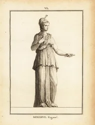 Statue de la déesse romaine de la sagesse Minerve Ergane (Minerve ouvrière), avec casque et serpent
