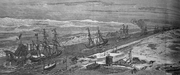 Navires à vapeur traversant le canal de Suez, vers 1882